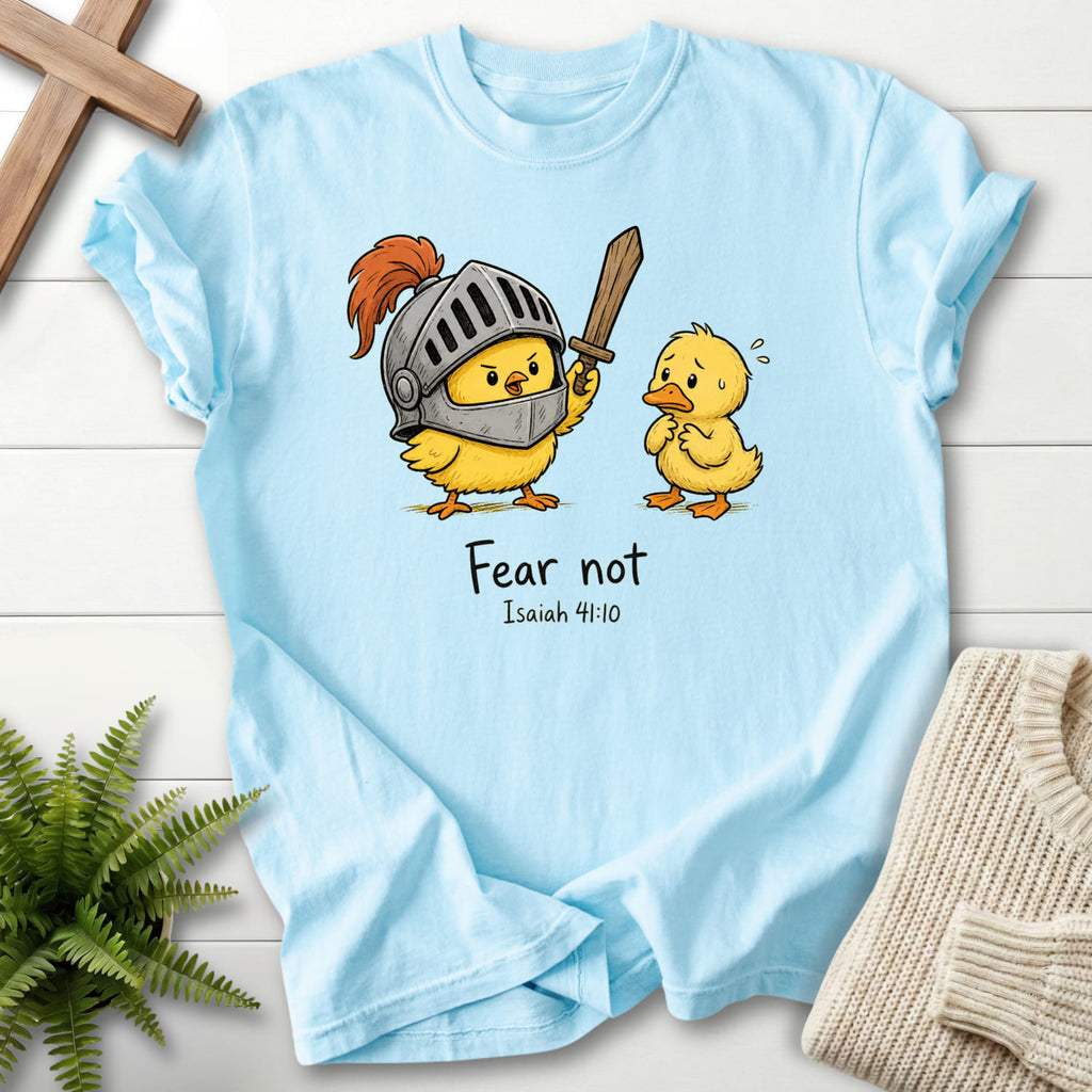 Flat lay of a Chambray Comfort Colors 1717 Christian t-shirt for women featuring "Fear Not Isaiah 41:10 Chick T-Shirt" Isaiah 41:10 From Printify.