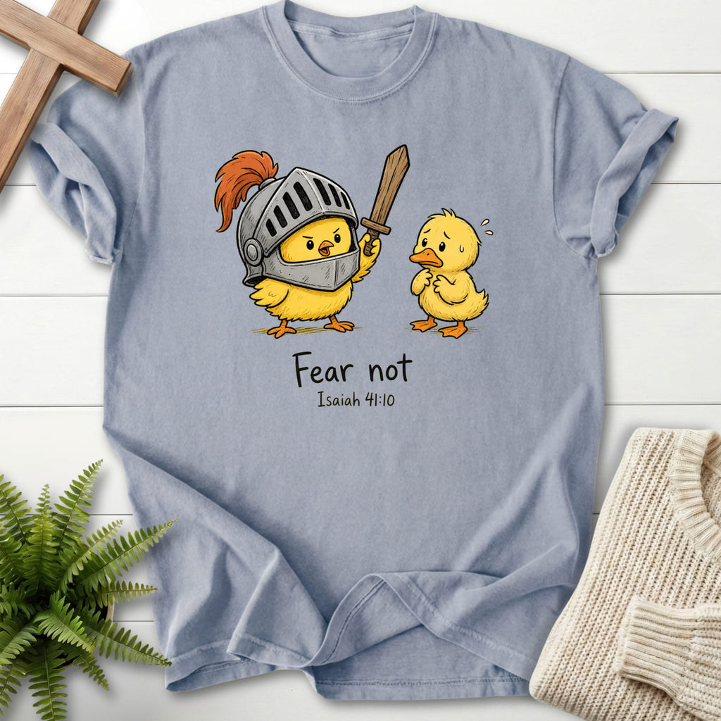 Flatlay of a Granite faith-based tee with "Fear Not Isaiah 41:10 Chick T-Shirt" Isaiah 41:10.