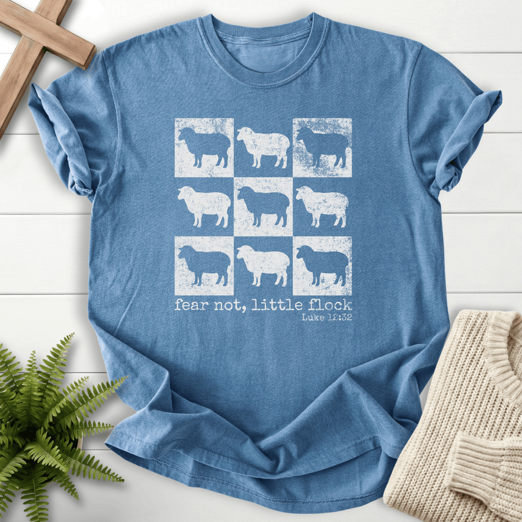 Blue Jean women's faith t-shirt with nine sheep silhouettes in a vintage grid and 'Fear Not Little Flock', Comfort Colors 1717.