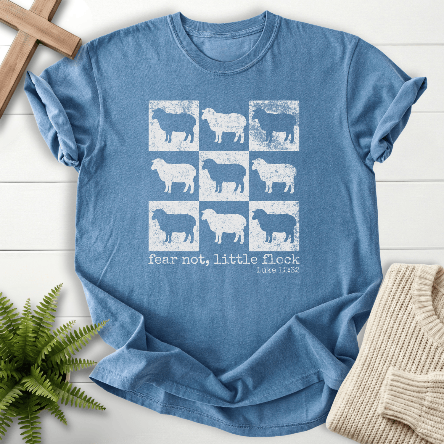 Blue Jean women's faith t-shirt with nine sheep silhouettes in a vintage grid and 'Fear Not Little Flock', Comfort Colors 1717.