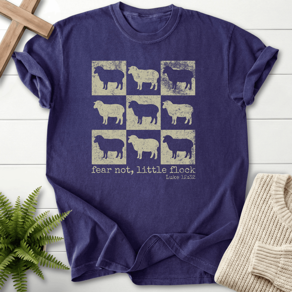 Grape Bible verse tee for women with a distressed sheep block print and 'Fear Not Little Flock', Luke 12:32.