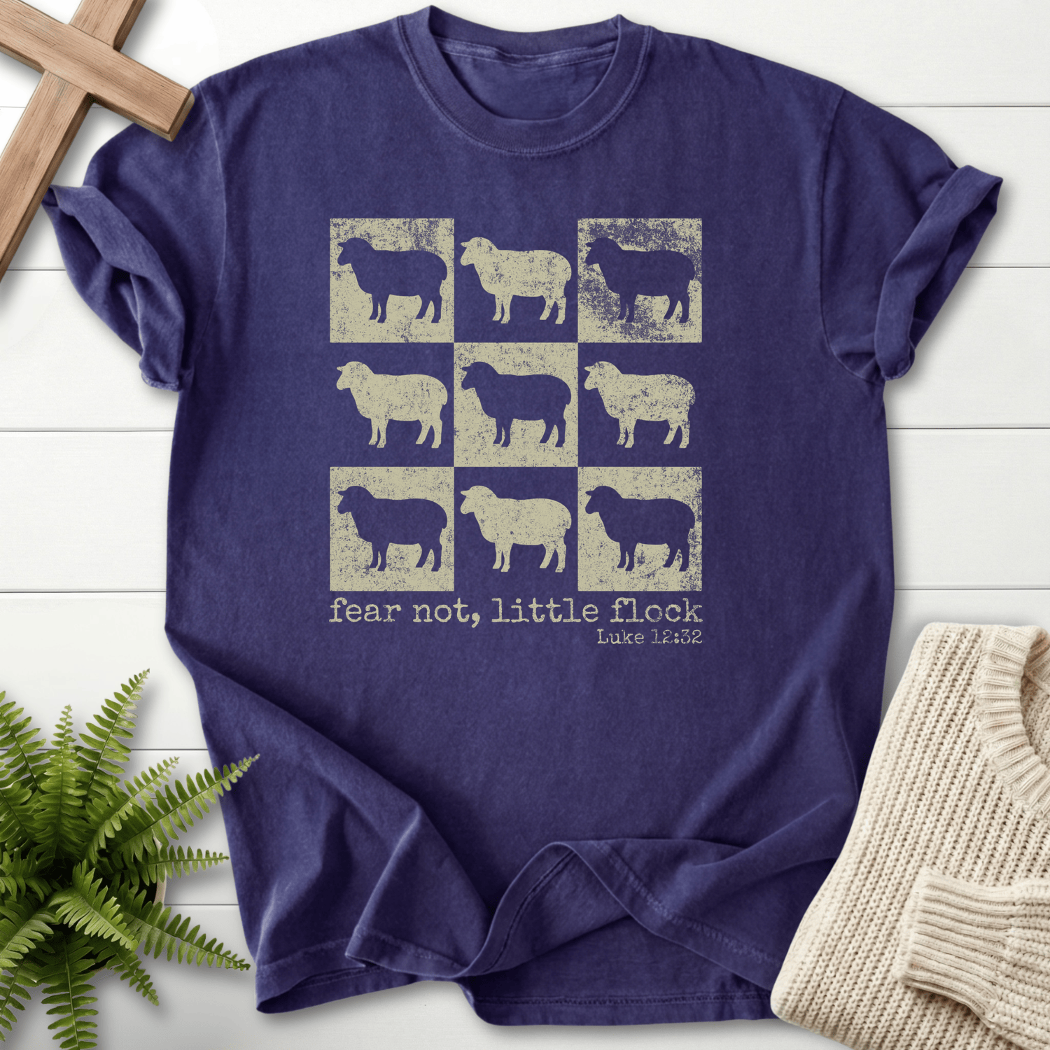 Grape Bible verse tee for women with a distressed sheep block print and 'Fear Not Little Flock', Luke 12:32.