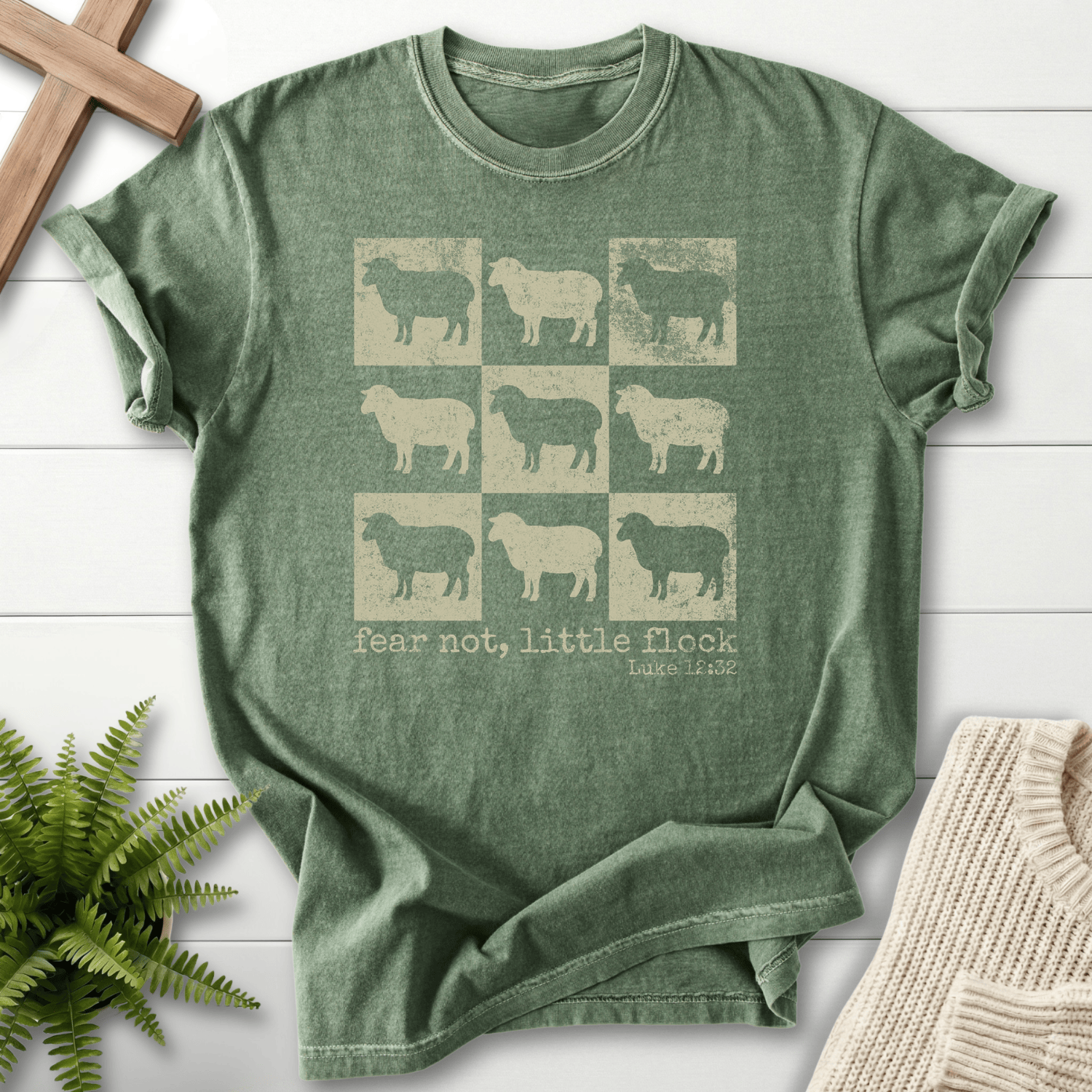 Moss green Christian t-shirt for women with a vintage sheep grid and 'Fear Not Little Flock', Luke 12:32.