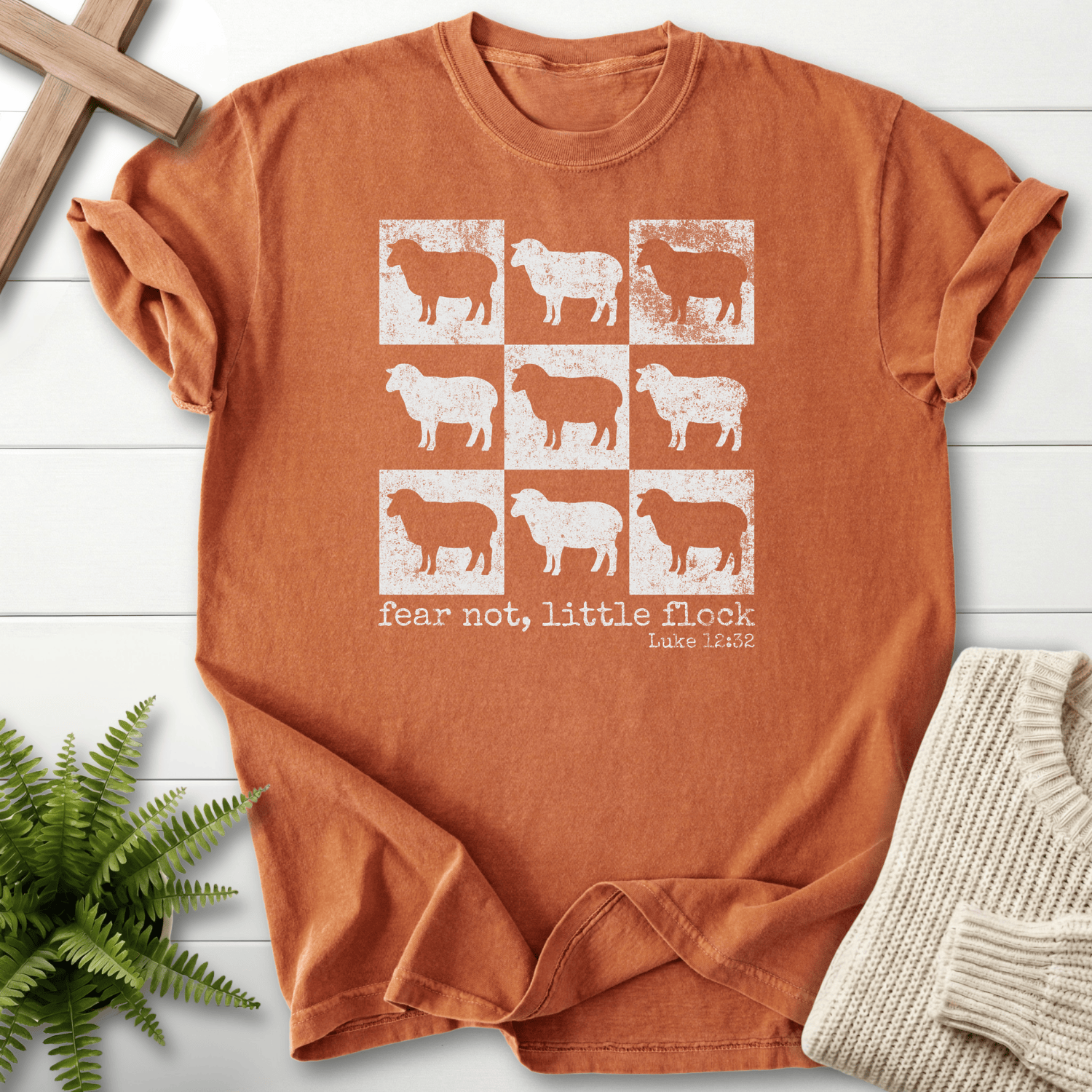 Yam Christian t-shirt for women with a distressed sheep silhouette pattern and 'Fear Not Little Flock', by She Wears Faith.