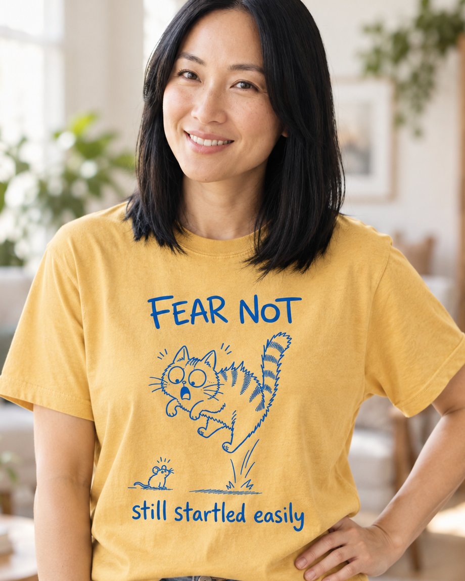 Fear Not Still Startled Easily, Mustard women's Christian tee, lifestyle photo in cozy living room, Cartoon cat leaping in fright at a tiny mouse, She Wears Faith