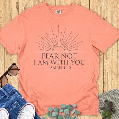 Comfort Colors 1717 terracotta “Fear Not I Am With You – Isaiah 41:10” t-shirt featuring modern sunrise design in neutral ink. A warm and inspiring women’s scripture tee — soft faith-based apparel for women and meaningful Christian mom gift idea.