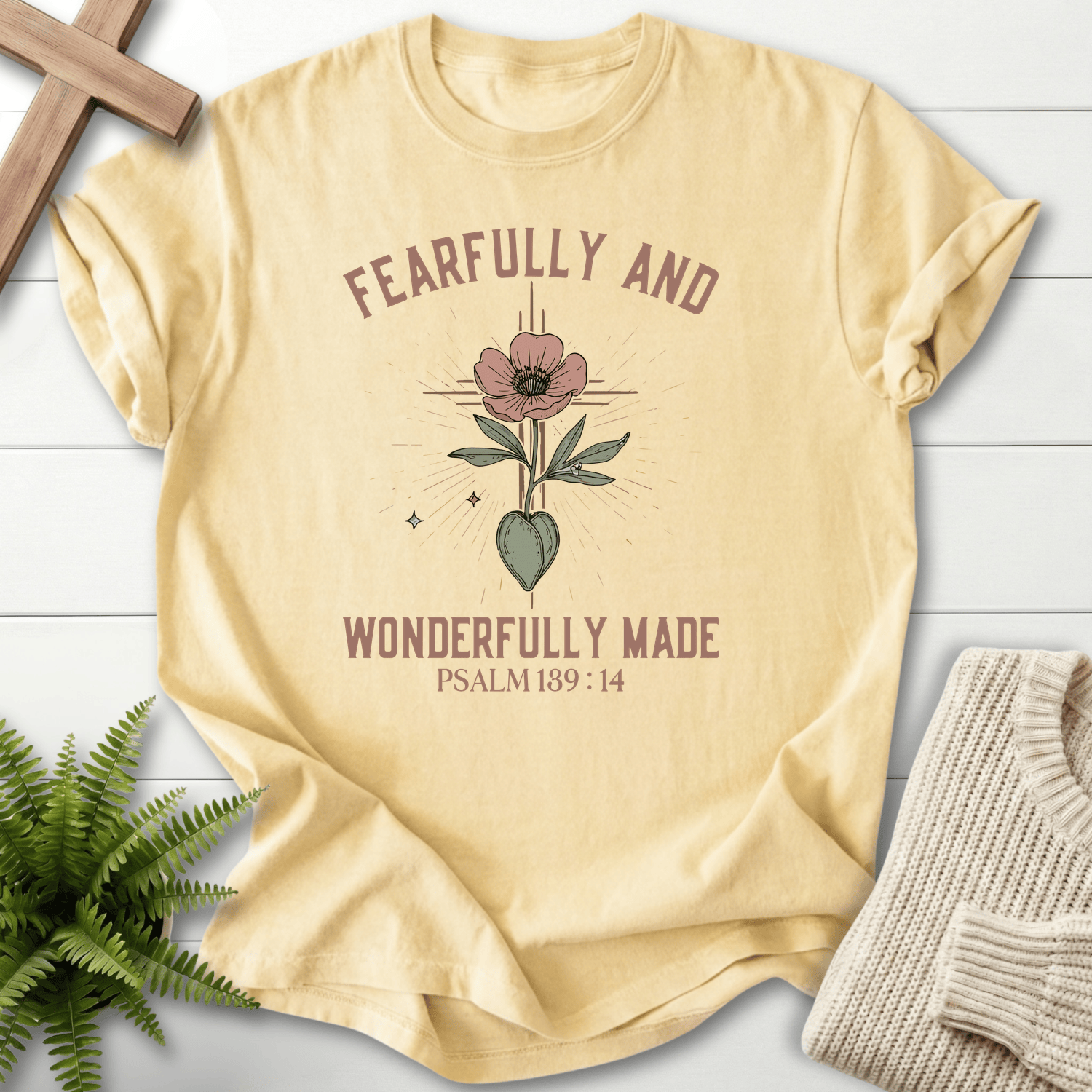 Banana yellow Scripture shirt for women with a botanical poppy and heart illustration and 'Fearfully and Wonderfully Made', Psalm 139:14.