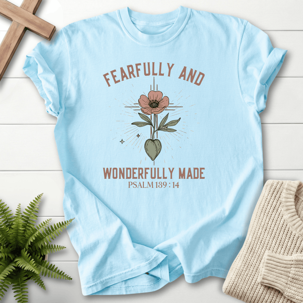 Chambray women's faith t-shirt with a poppy heart motif and 'Fearfully and Wonderfully Made', by She Wears Faith, Psalm 139:14.