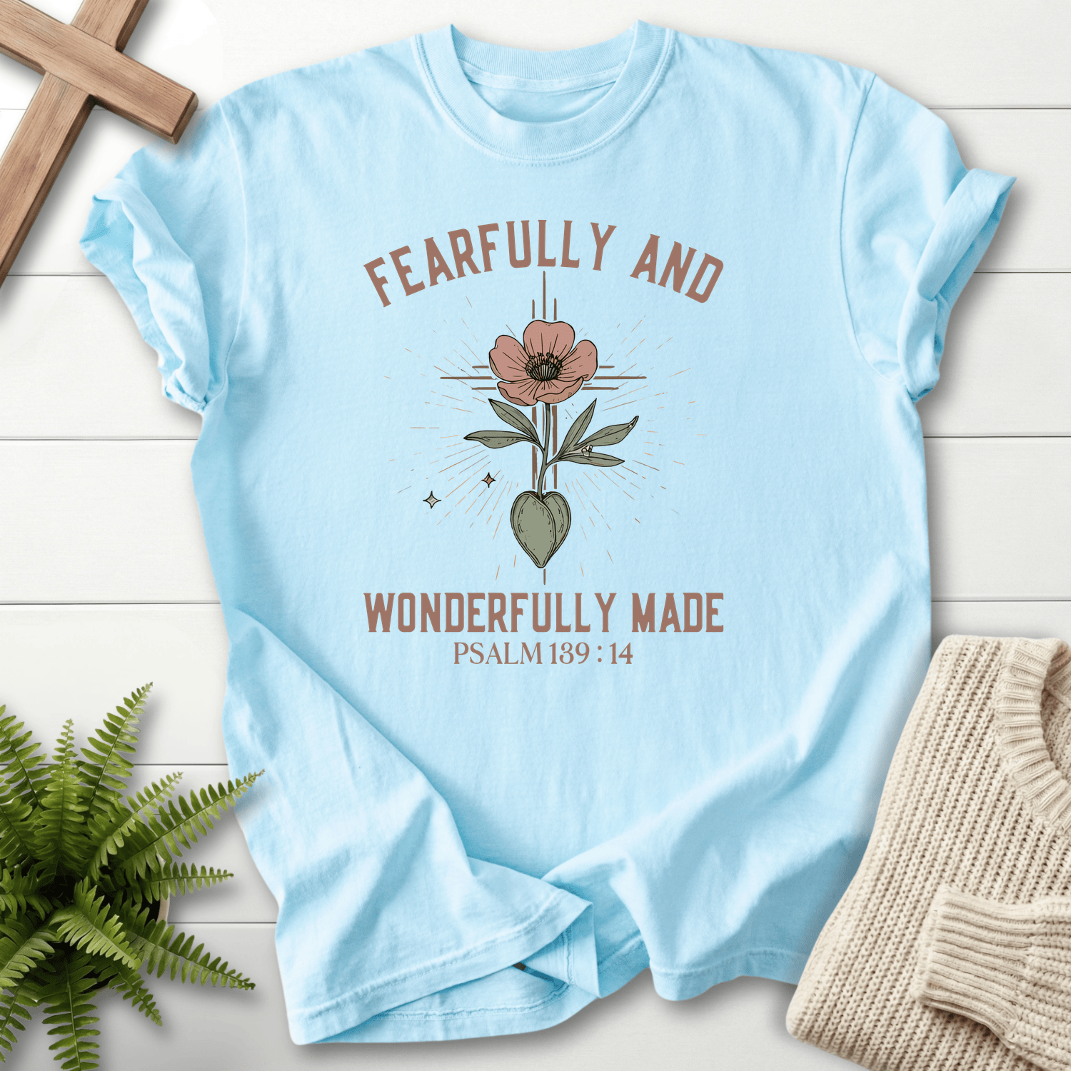 Chambray women's faith t-shirt with a poppy heart motif and 'Fearfully and Wonderfully Made', by She Wears Faith, Psalm 139:14.