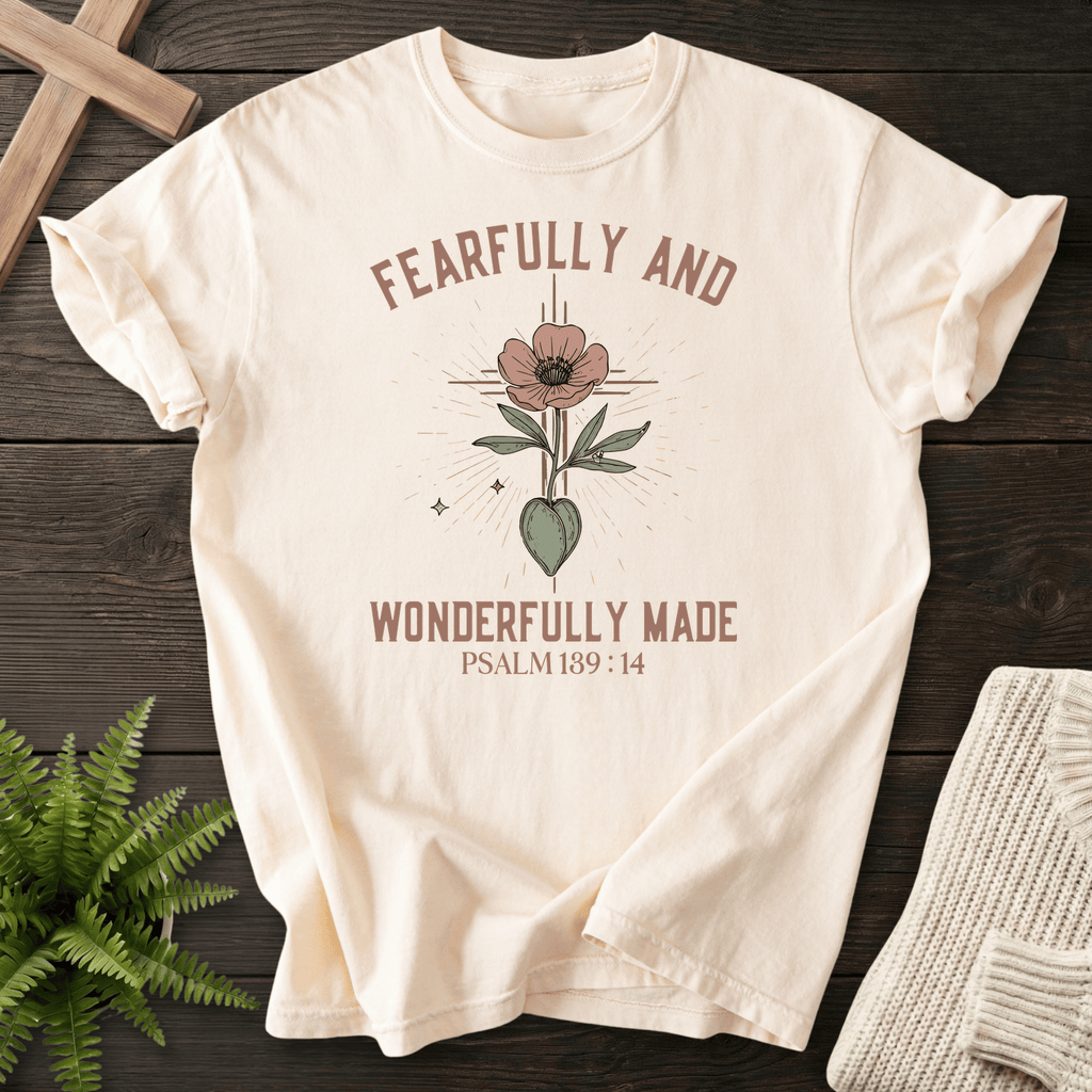 Ivory Christian t-shirt for women with a botanical flower-on-heart illustration and 'Fearfully and Wonderfully Made', Psalm 139:14.