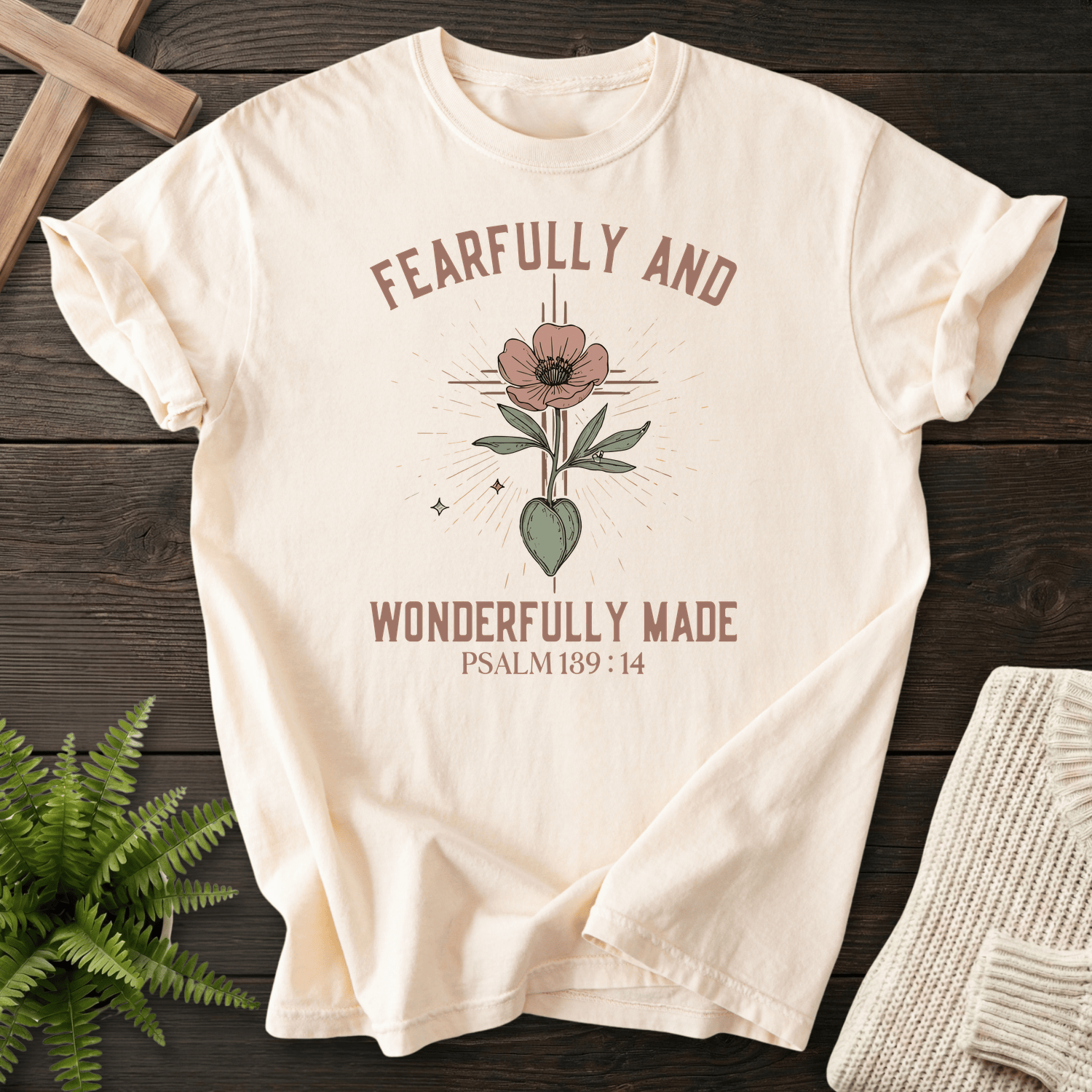 Ivory Christian t-shirt for women with a botanical flower-on-heart illustration and 'Fearfully and Wonderfully Made', Psalm 139:14.