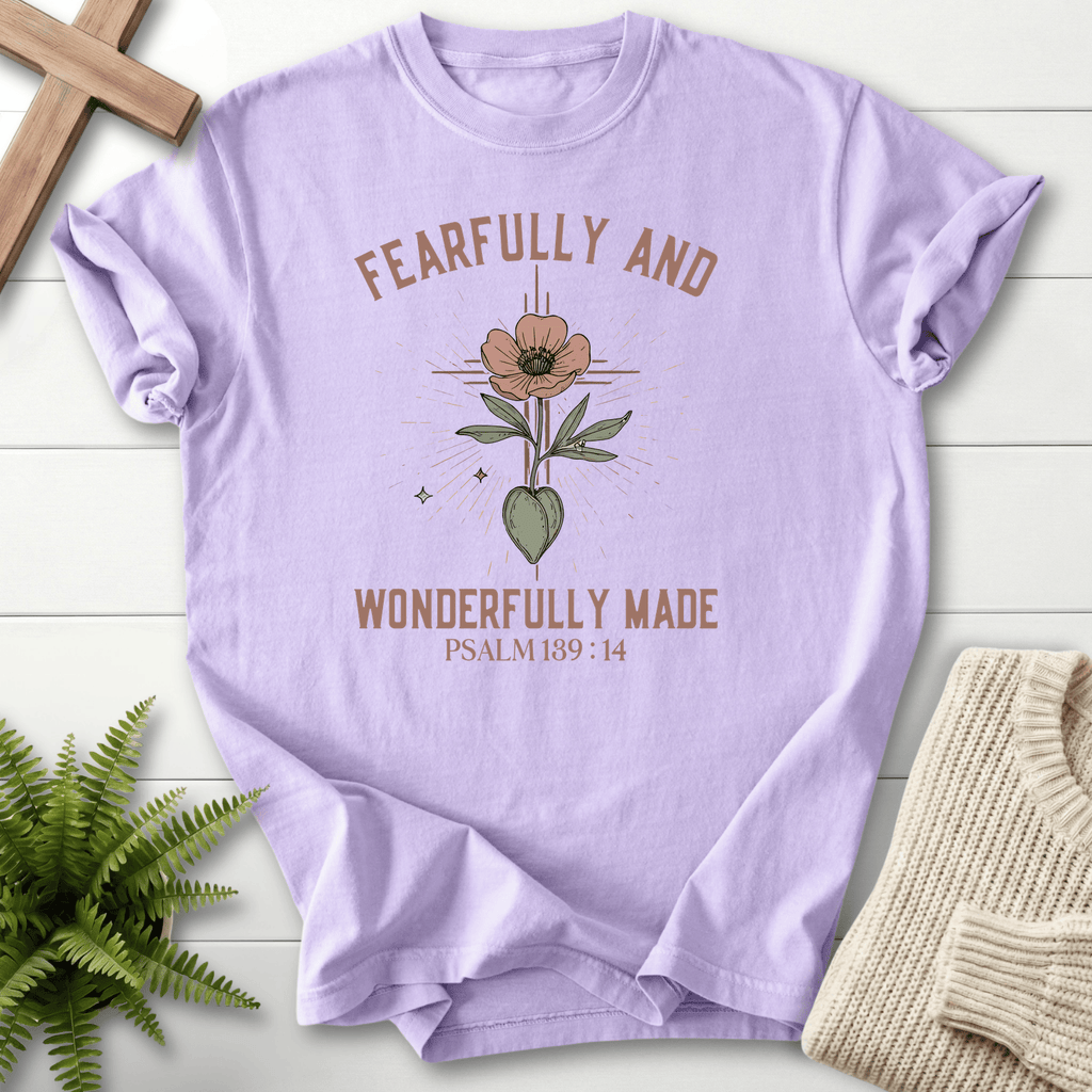 Orchid women's faith t-shirt with a poppy flower growing from a heart and 'Fearfully and Wonderfully Made', Psalm 139:14.