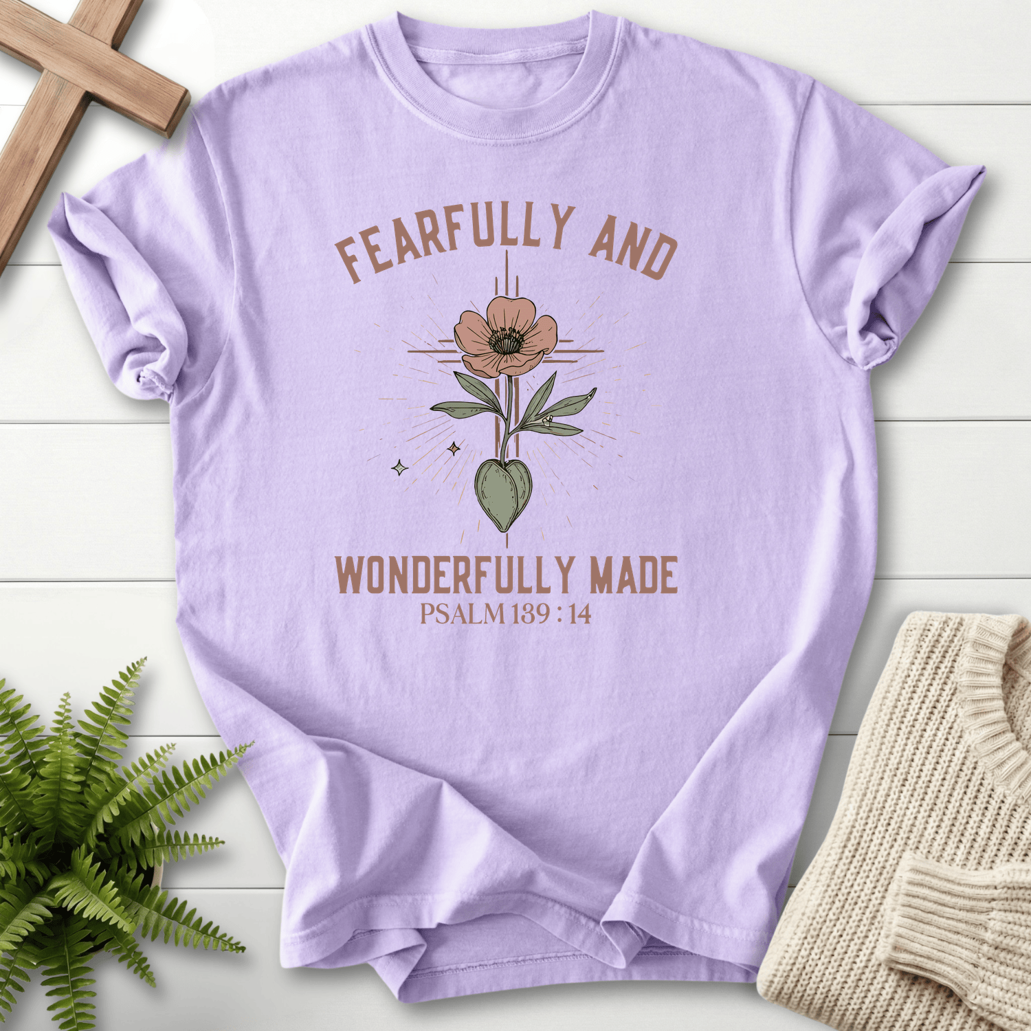 Orchid women's faith t-shirt with a poppy flower growing from a heart and 'Fearfully and Wonderfully Made', Psalm 139:14.