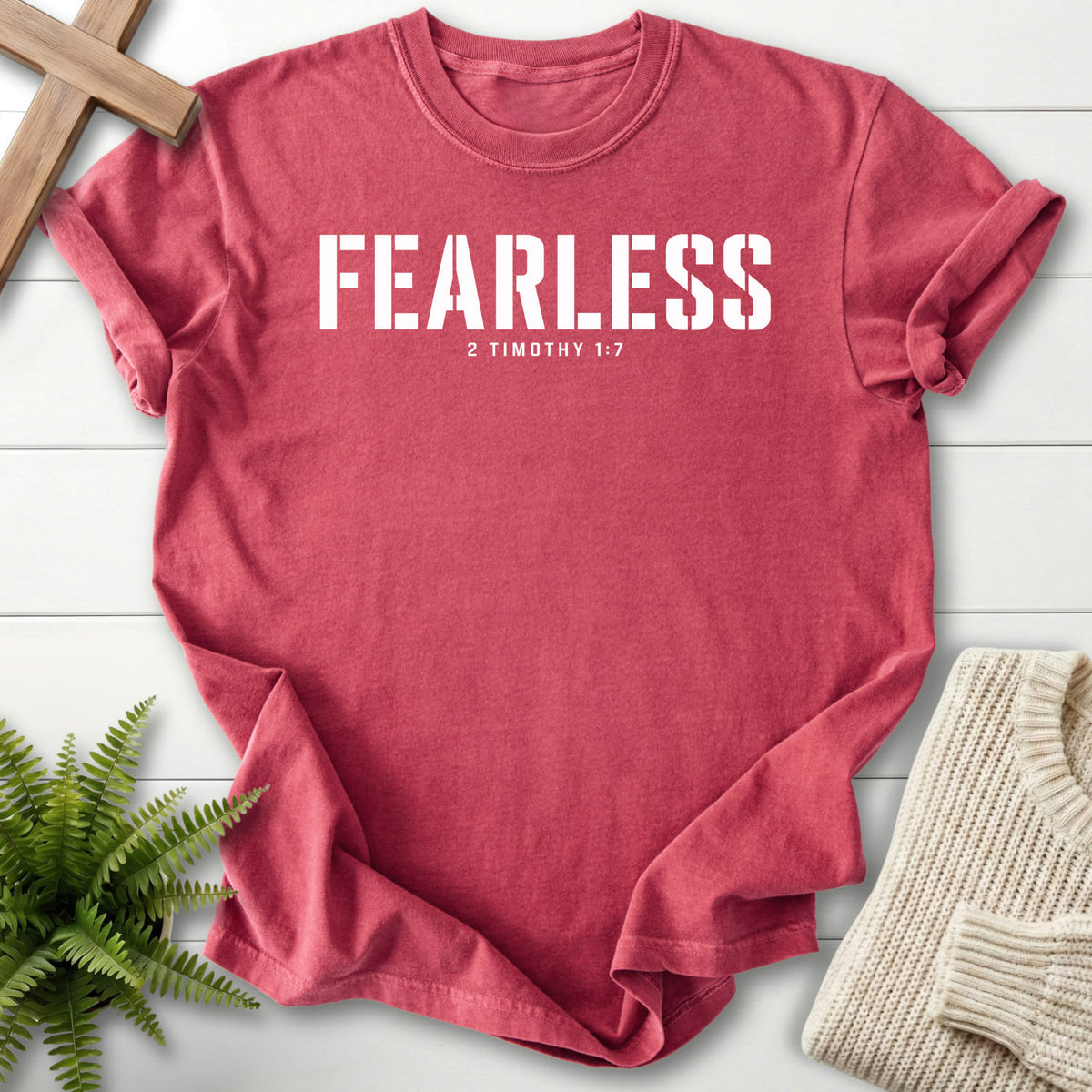 Crimson Fearless T-shirt flat lay mockup, 2 Timothy 1:7 Christian apparel for women