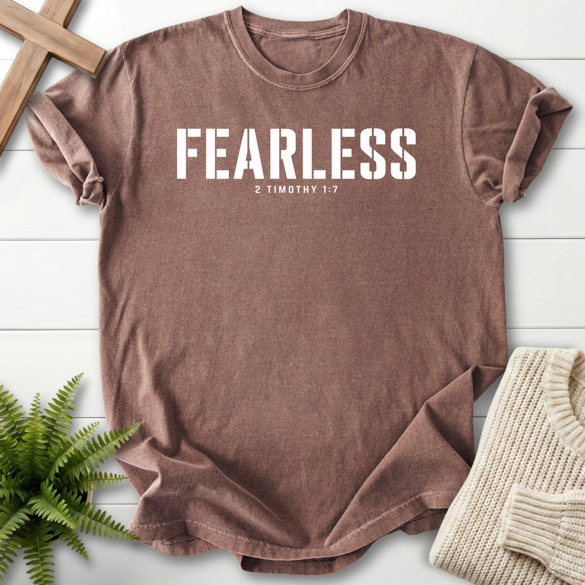 Espresso Fearless T-shirt flat lay mockup, 2 Timothy 1:7 Christian apparel for women