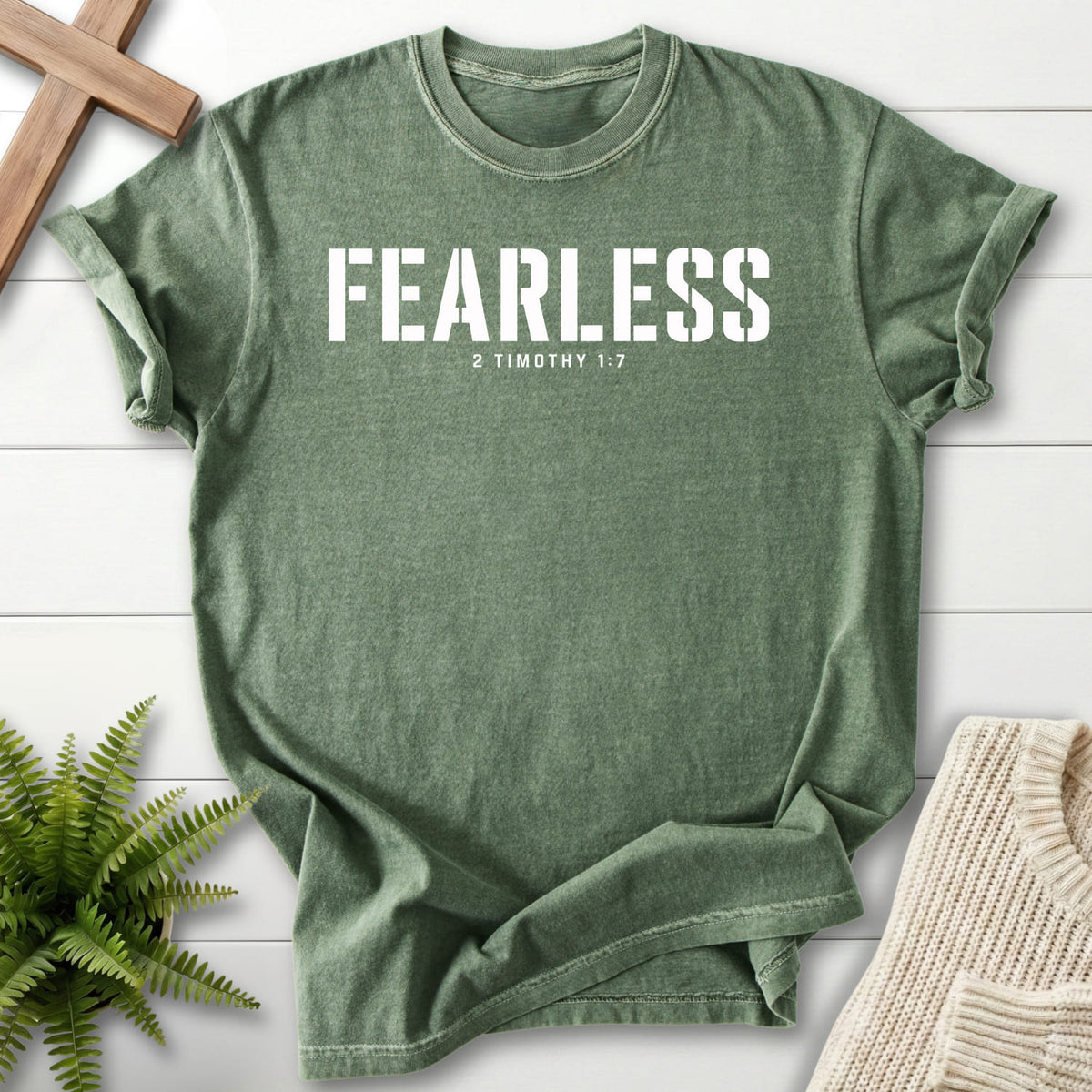 Moss Fearless T-shirt flat lay mockup, 2 Timothy 1:7 Christian apparel for women