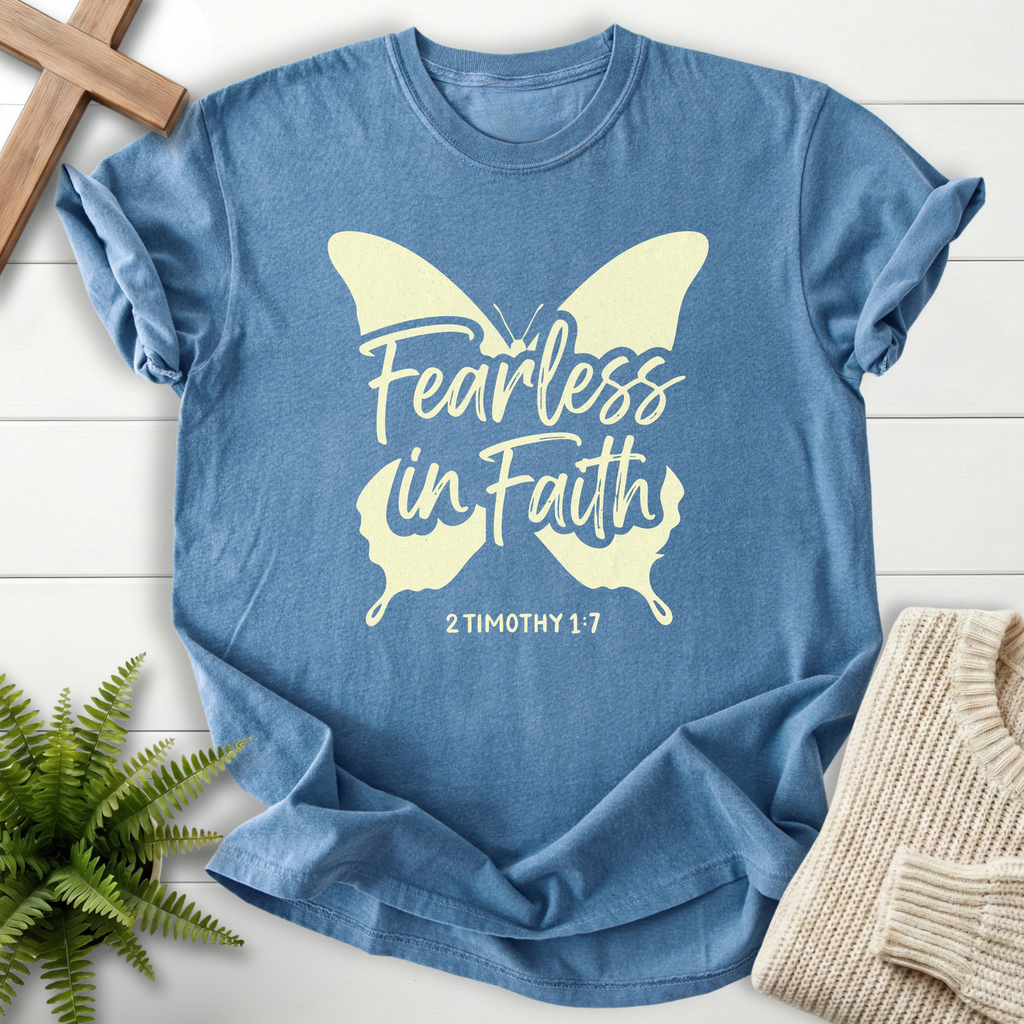 Blue Jean Bible verse tee for women with butterfly wing artwork and 'Fearless in Faith', Comfort Colors 1717, 2 Timothy 1:7.