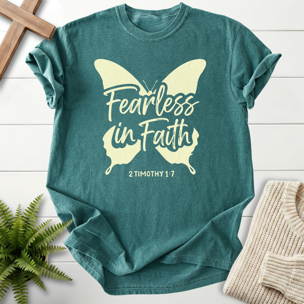 Blue Spruce women's faith t-shirt with a bold butterfly design and 'Fearless in Faith', 2 Timothy 1:7.