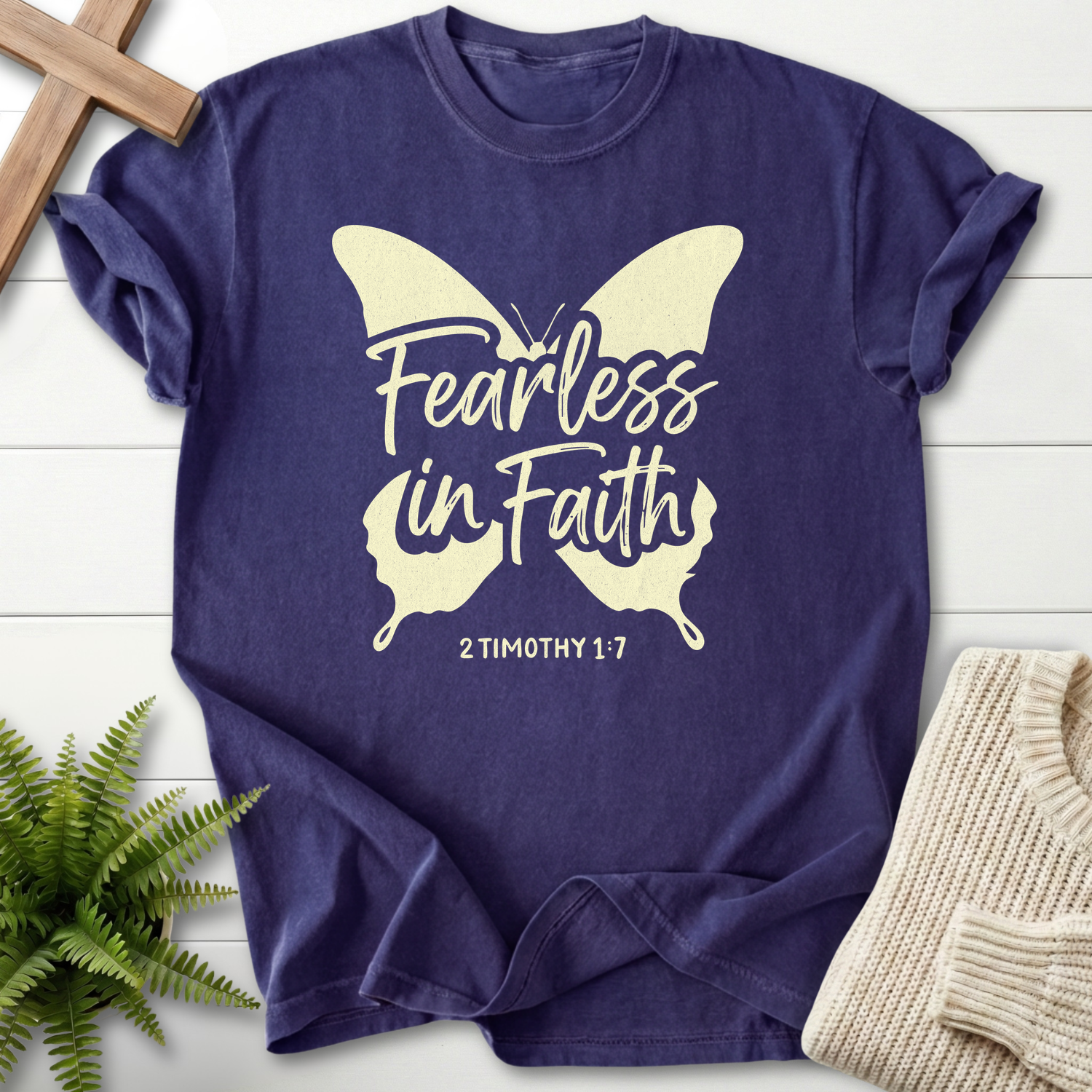 Grape Scripture shirt for women with butterfly wings motif and 'Fearless in Faith', by She Wears Faith, 2 Timothy 1:7.