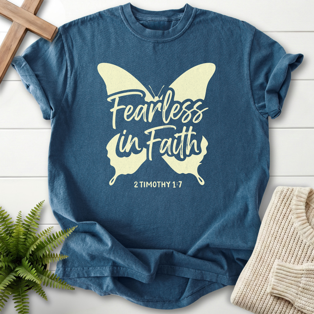 Midnight Christian t-shirt for women with an oversized butterfly silhouette and 'Fearless in Faith', 2 Timothy 1:7.