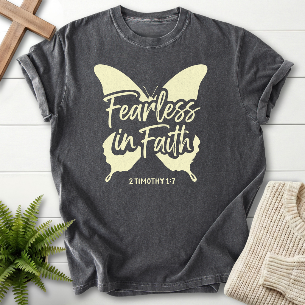 Pepper Christian t-shirt for women with a large butterfly silhouette and 'Fearless in Faith', 2 Timothy 1:7.