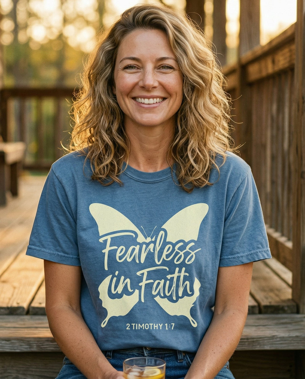 Fearless in Faith Butterfly – Blue Jean women's Christian tee, lifestyle photo in sunny porch – Large butterfly silhouette filled with script text 'Fearless in Faith' – 2 Timothy 1:7 – She Wears Faith