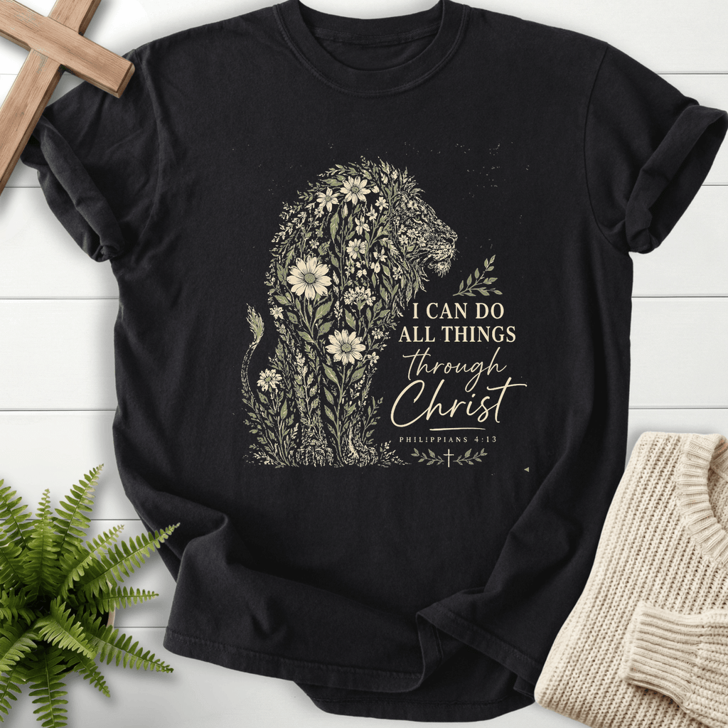 Flowery Lion Philippians 4 13 Graphic T-Shirt in Black | She Wears Faith