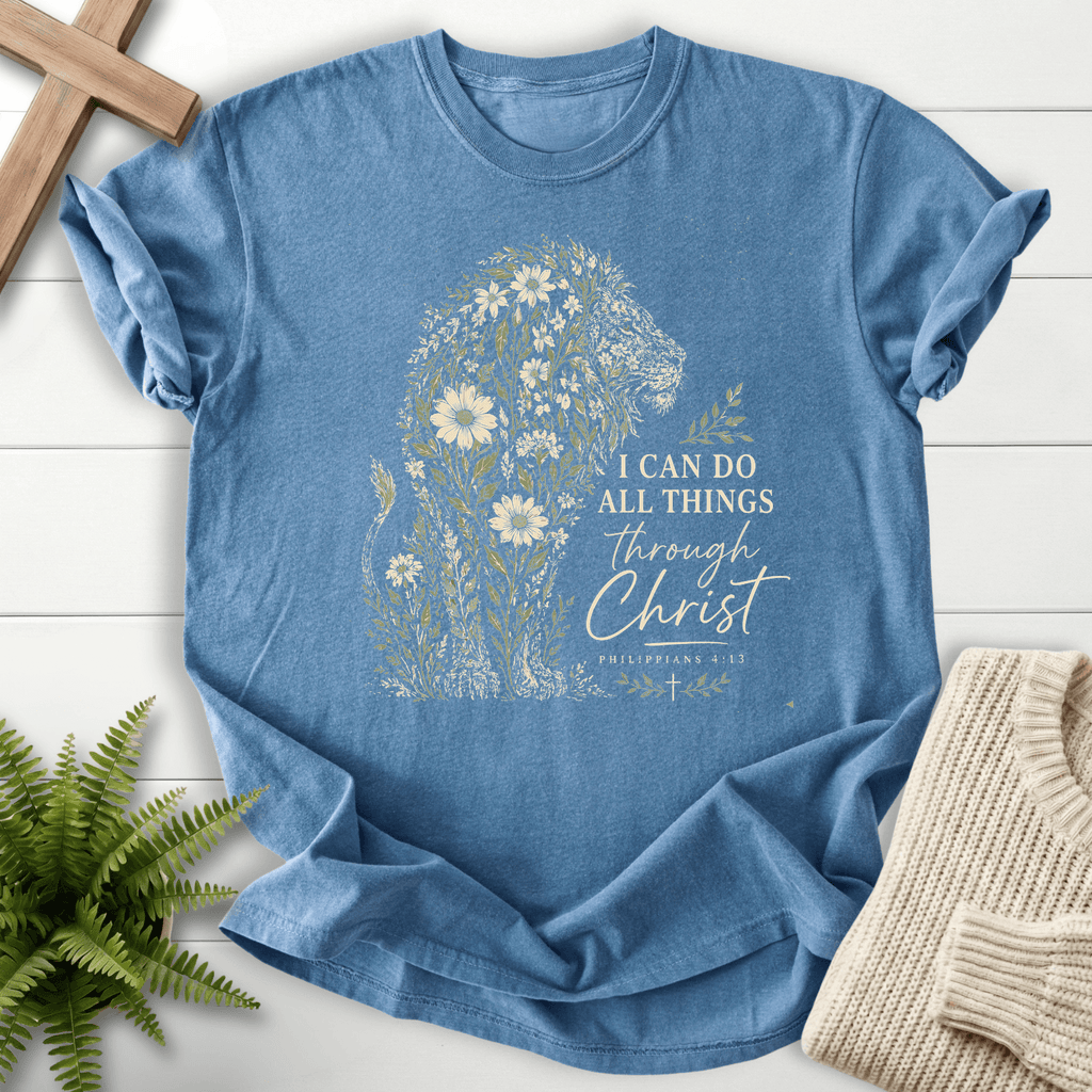 Flowery Lion Philippians 4 13 Graphic T-Shirt in Blue Jean | She Wears Faith