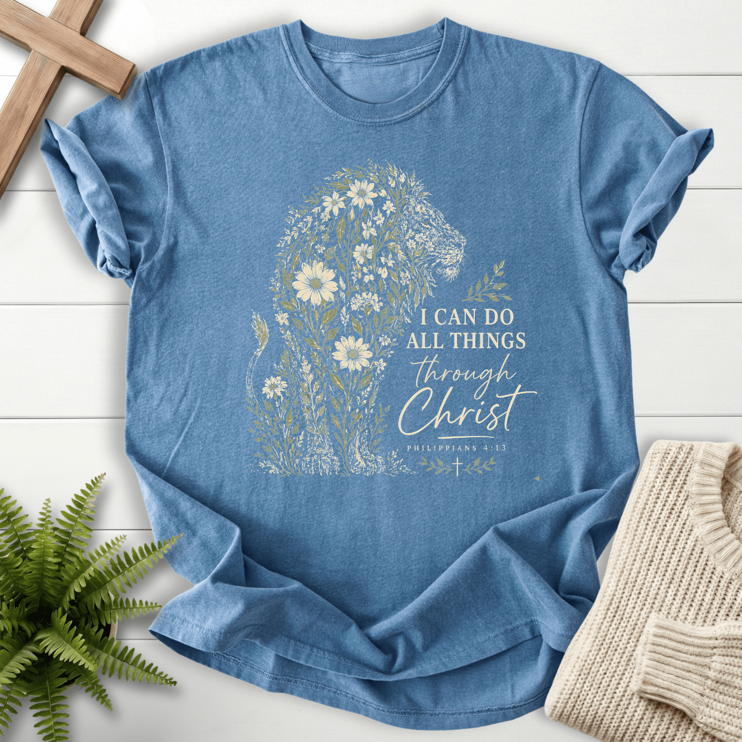 Flowery Lion Philippians 4 13 Graphic T-Shirt in Blue Jean | She Wears Faith