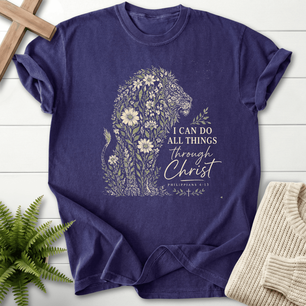 Flowery Lion Philippians 4 13 Graphic T-Shirt in Grape | She Wears Faith
