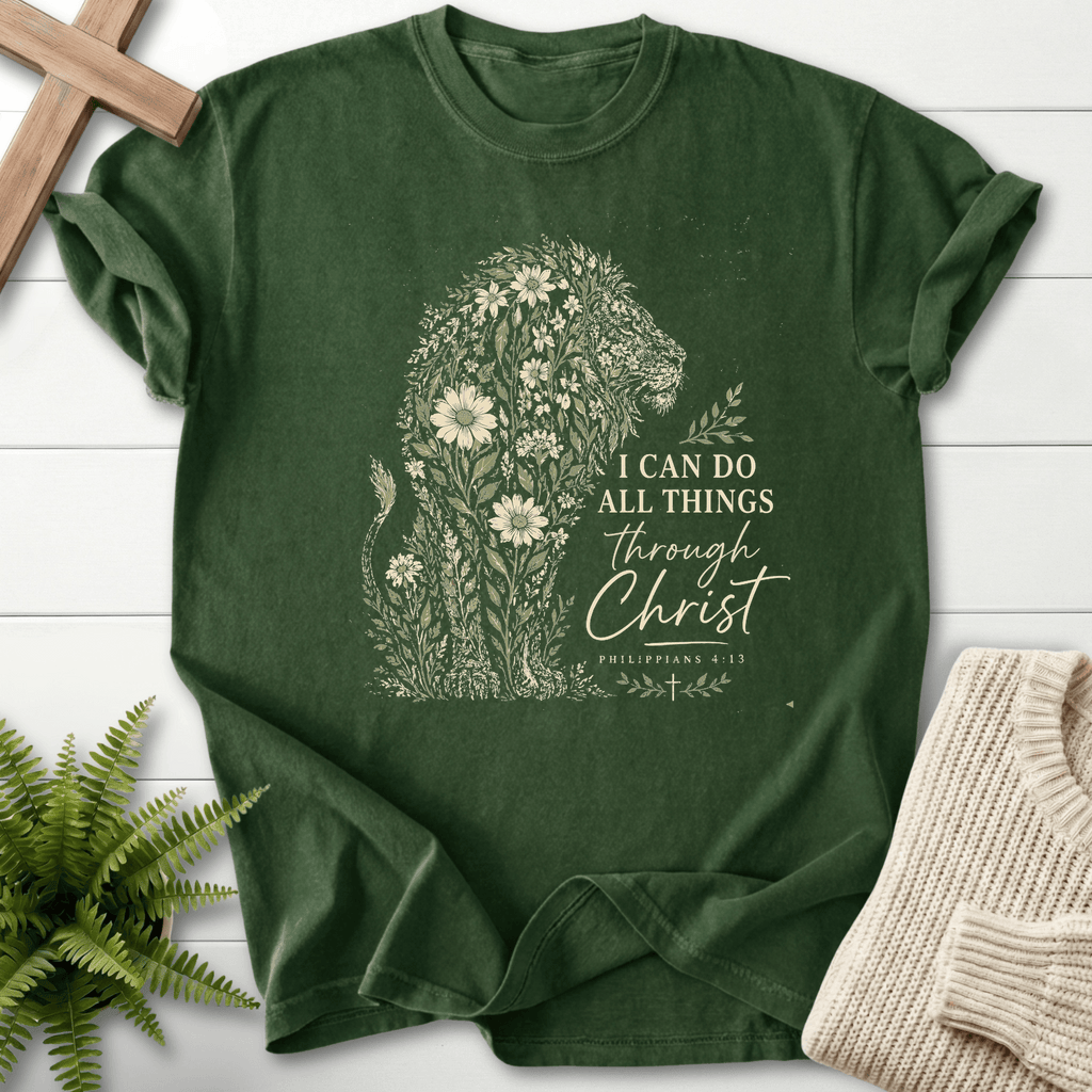 Flowery Lion Philippians 4 13 Graphic T-Shirt in Hemp | She Wears Faith