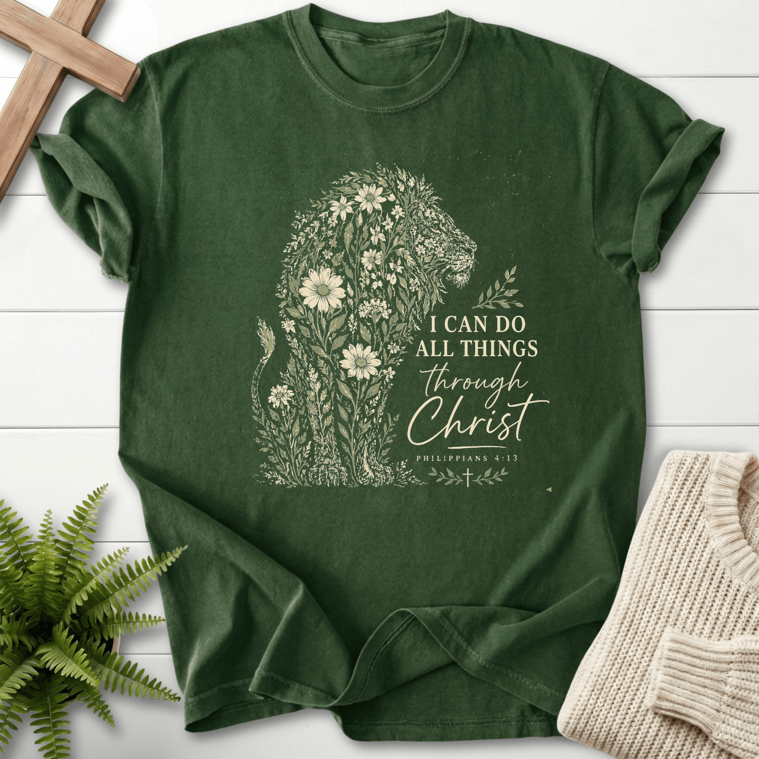 Flowery Lion Philippians 4 13 Graphic T-Shirt in Hemp | She Wears Faith