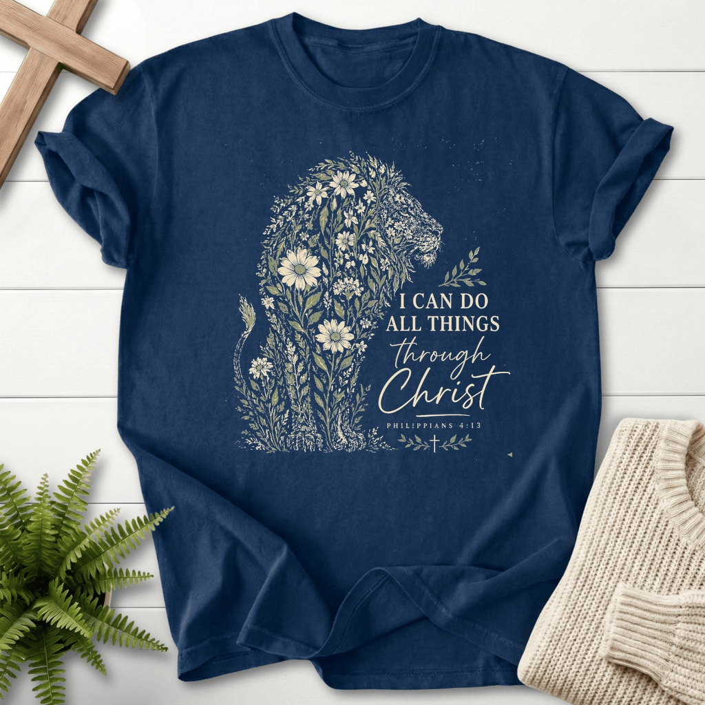 Flowery Lion Philippians 4 13 Graphic T-Shirt in Navy | She Wears Faith