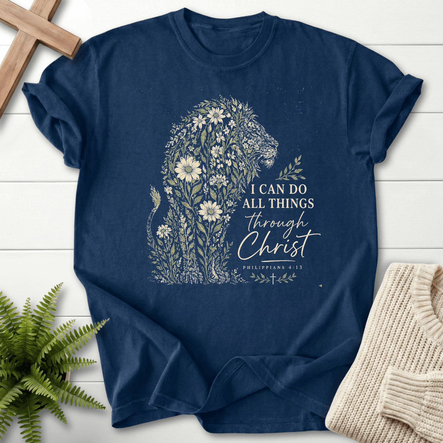 Flowery Lion Philippians 4 13 Graphic T-Shirt in Navy | She Wears Faith