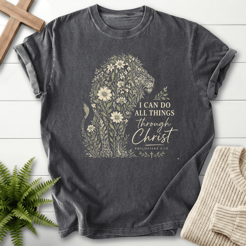 Flowery Lion Philippians 4 13 Graphic T-Shirt in Pepper | She Wears Faith