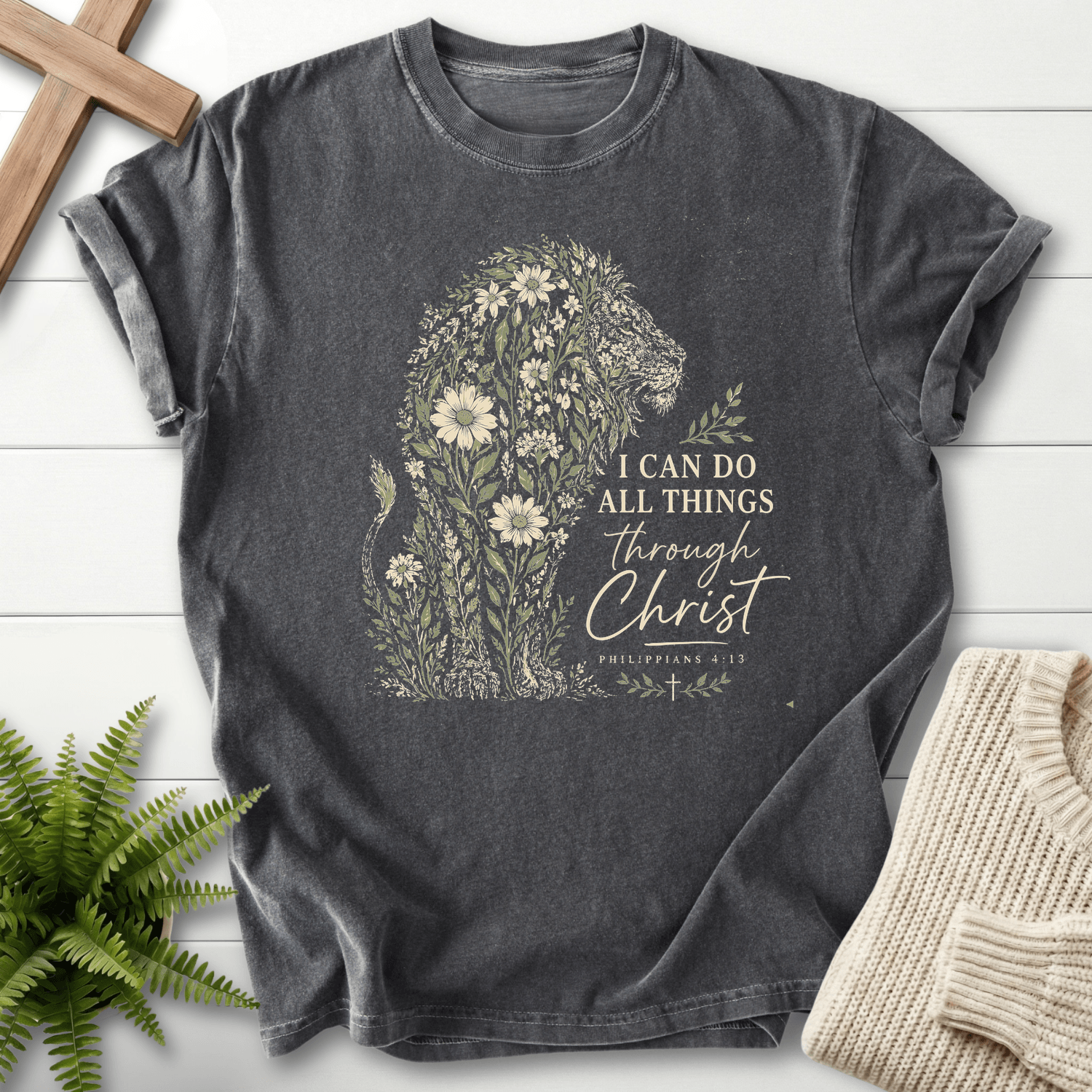 Flowery Lion Philippians 4 13 Graphic T-Shirt in Pepper | She Wears Faith