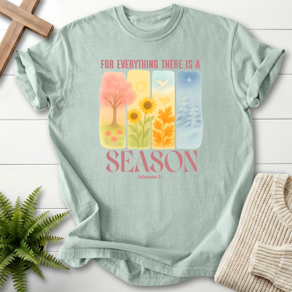 Bay Christian t-shirt for women with four watercolor season panels and 'For Everything There Is A Season', Ecclesiastes 3:1.