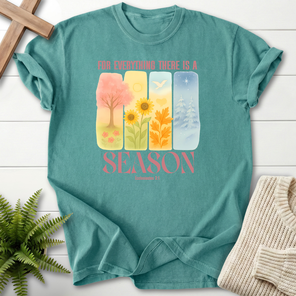 Chalky Mint women's faith t-shirt with four watercolor season panels and 'For Everything There Is A Season,' Ecclesiastes 3:1.