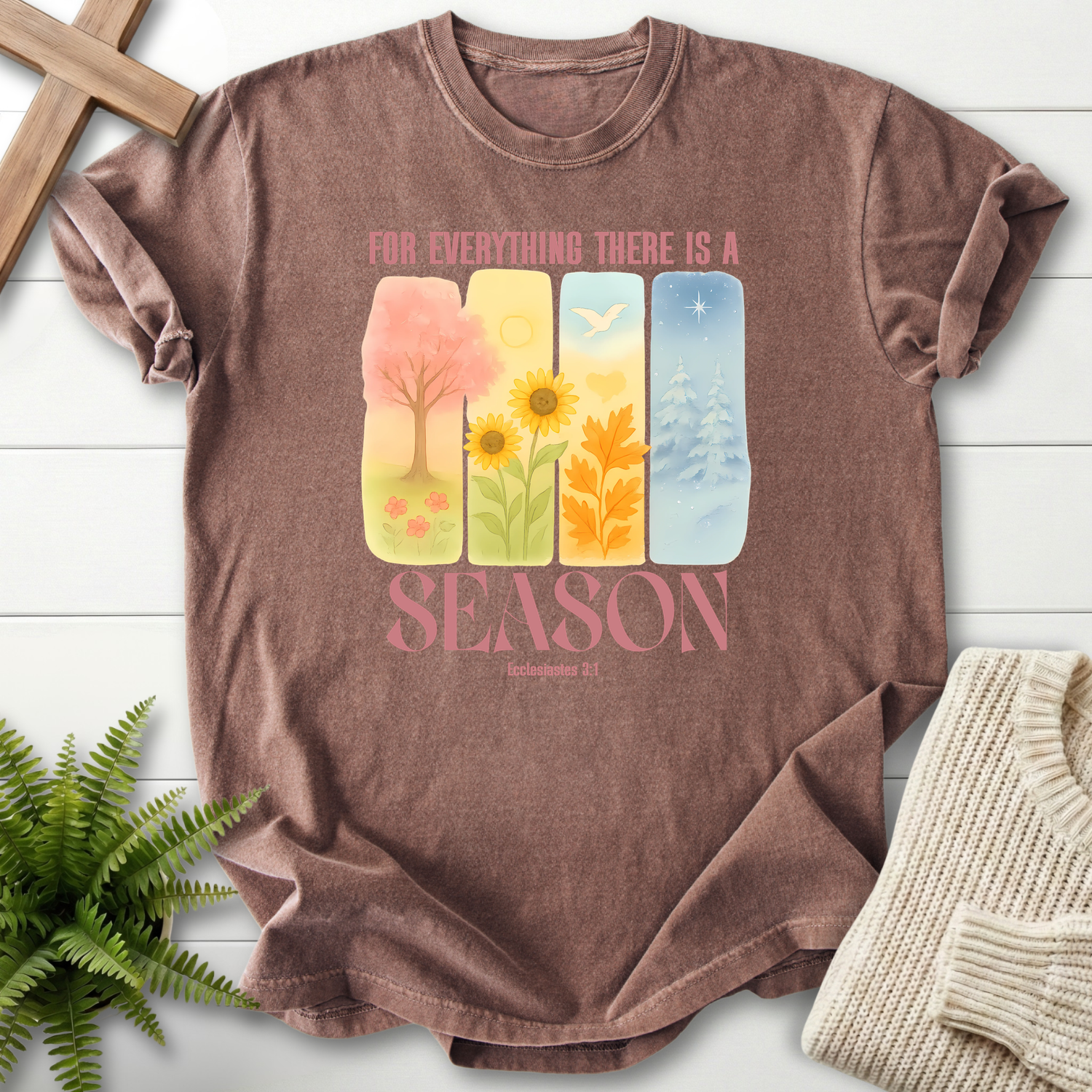 Espresso women's faith t-shirt with seasonal watercolor panels and 'For Everything There Is A Season', Ecclesiastes 3:1.