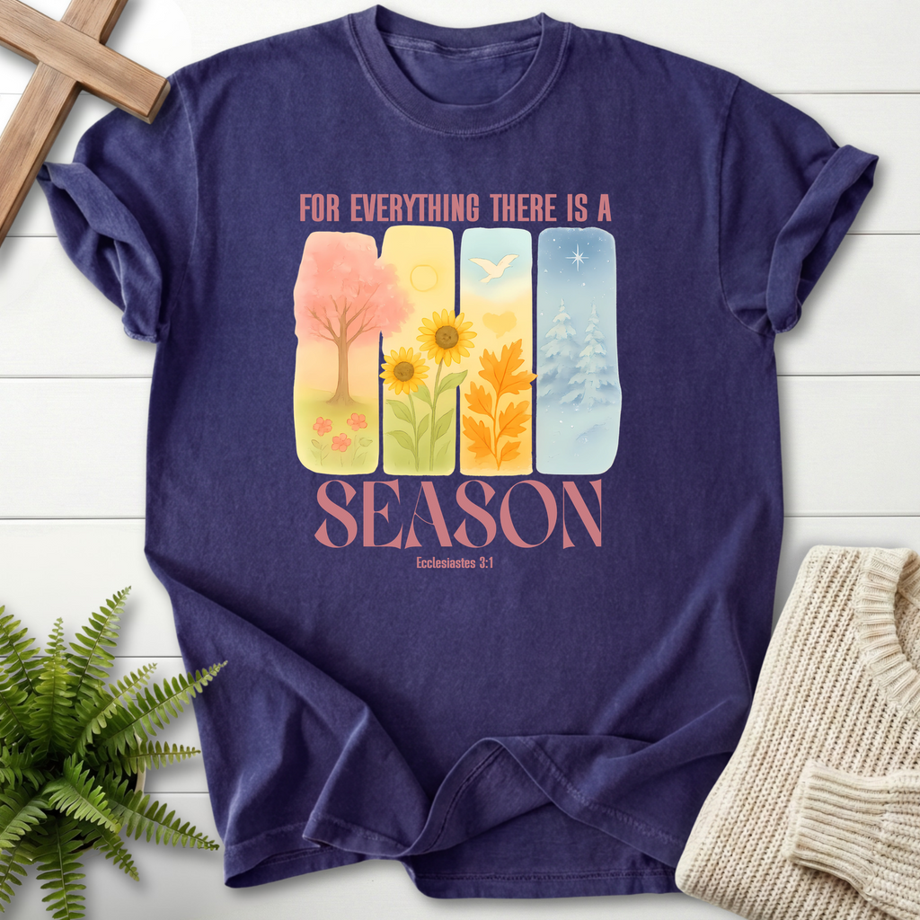 Grape Bible verse tee for women with four watercolor season panels and 'For Everything There Is A Season,' Ecclesiastes 3:1.