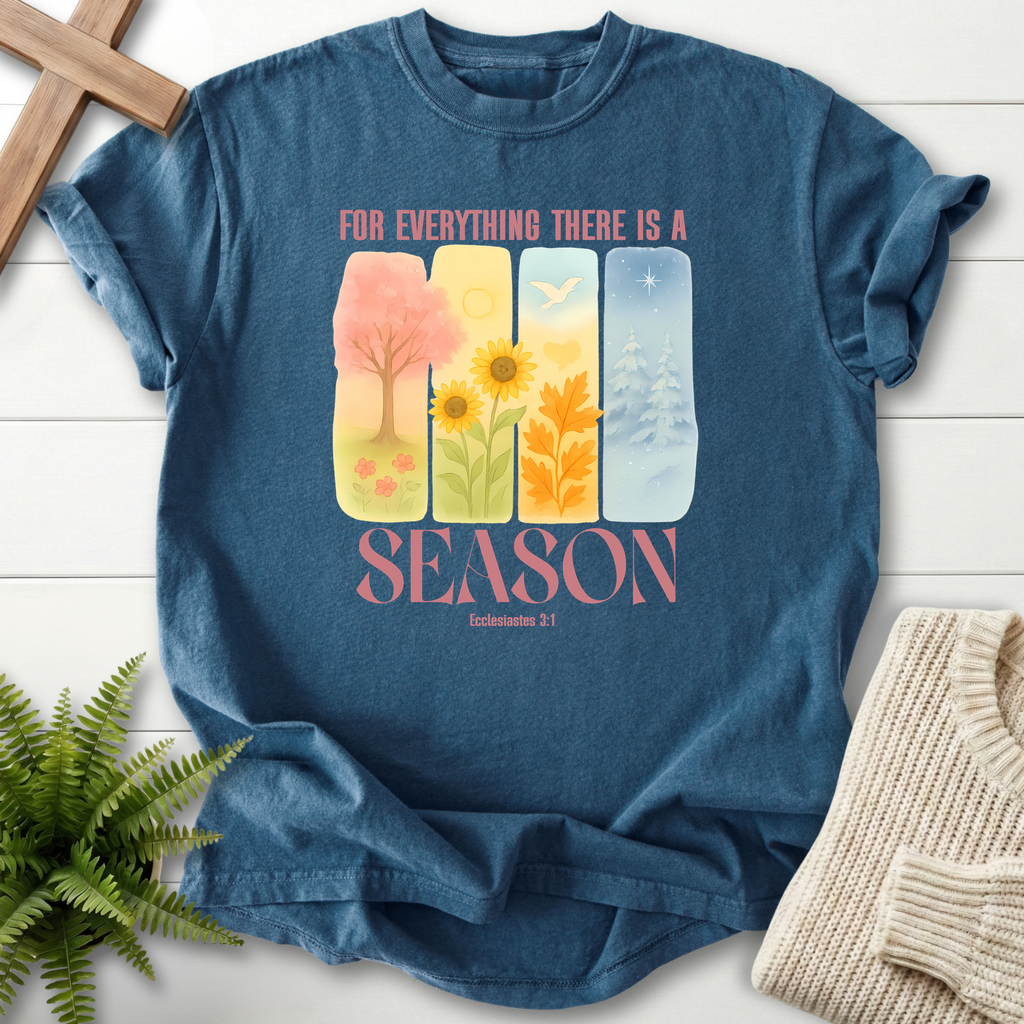 Midnight Bible verse tee for women with a four-season watercolor design and 'For Everything There Is A Season', Comfort Colors 1717.