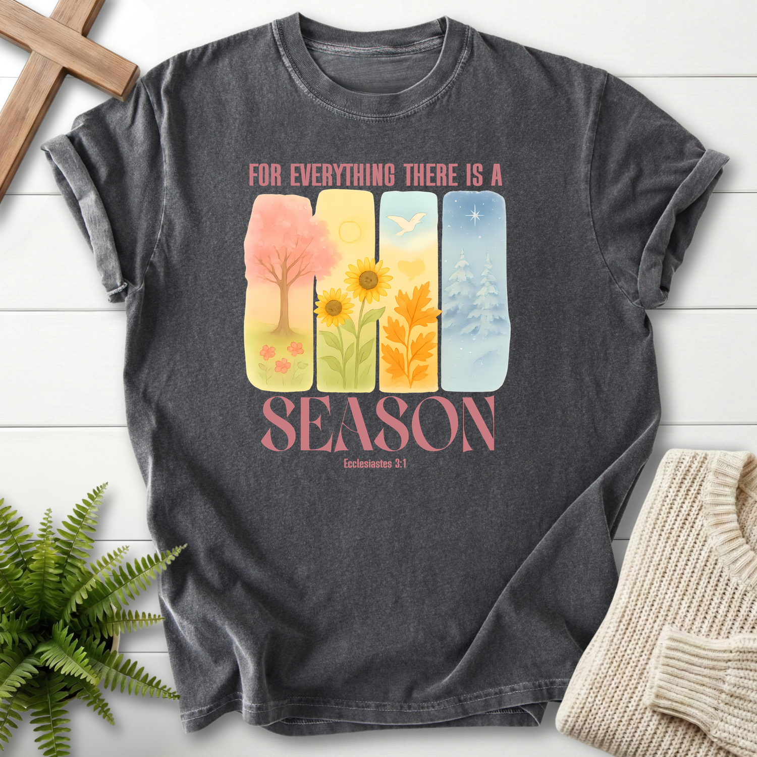 Pepper women's faith t-shirt with a four-panel seasonal watercolor design and 'For Everything There Is A Season', Ecclesiastes 3:1.