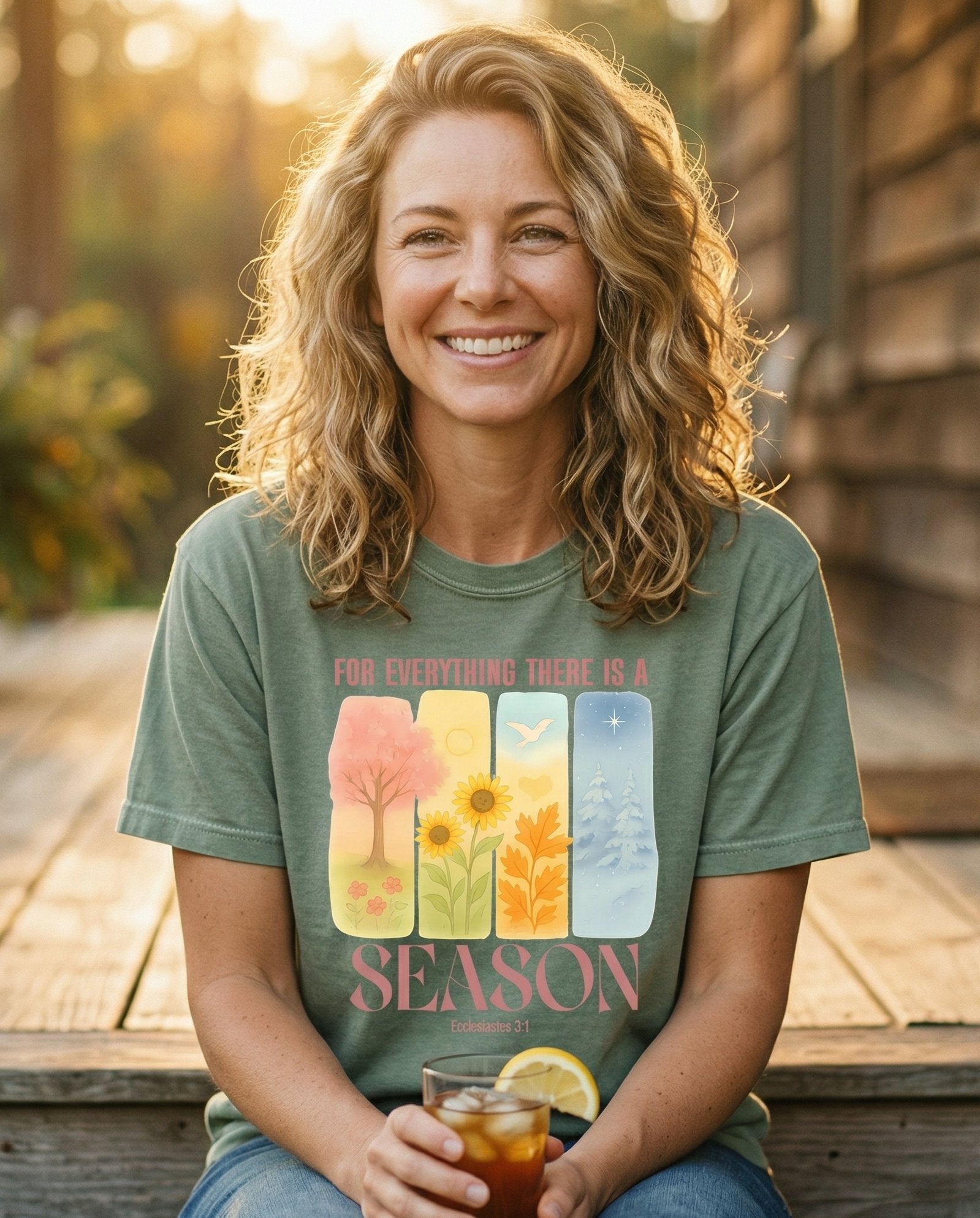 Season of Faith – Moss women's Christian tee, lifestyle photo in sunny porch – Four vertical panels showing each season in watercolor style with spri – Ecclesiastes 3:1 – She Wears Faith