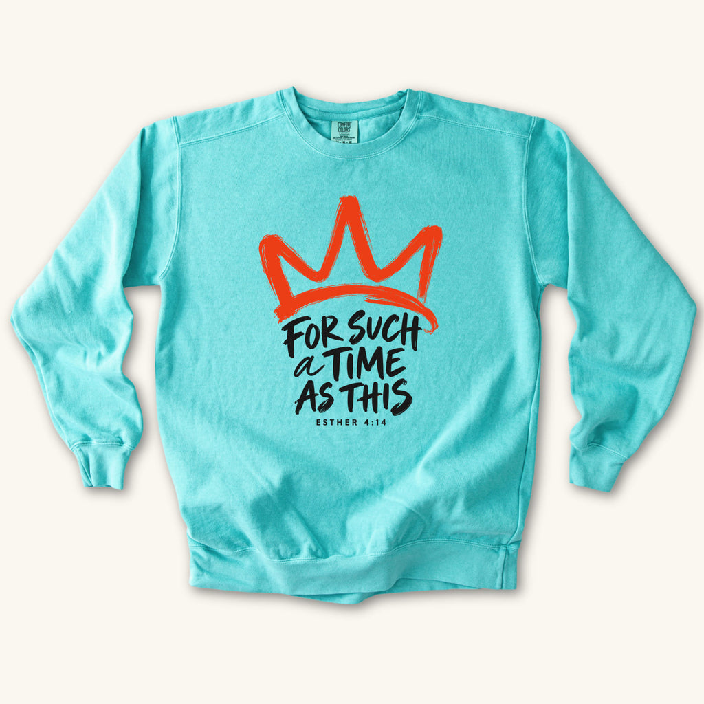 Chalky Mint For Such a Time Crown sweatshirt flat lay mockup, Esther 4:14 Christian apparel for women