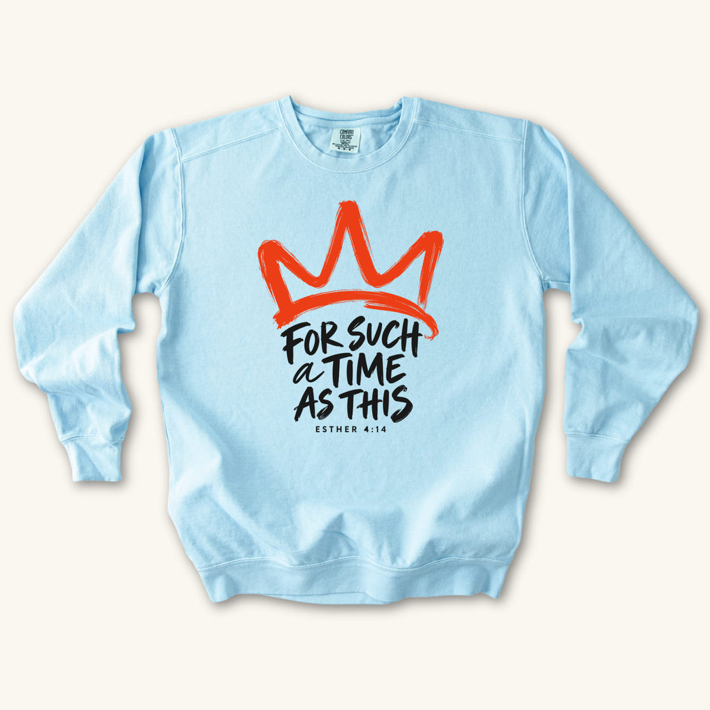Chambray For Such a Time Crown sweatshirt flat lay mockup, Esther 4:14 Christian apparel for women