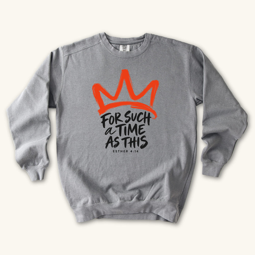 Grey For Such a Time Crown sweatshirt flat lay mockup, Esther 4:14 Christian apparel for women