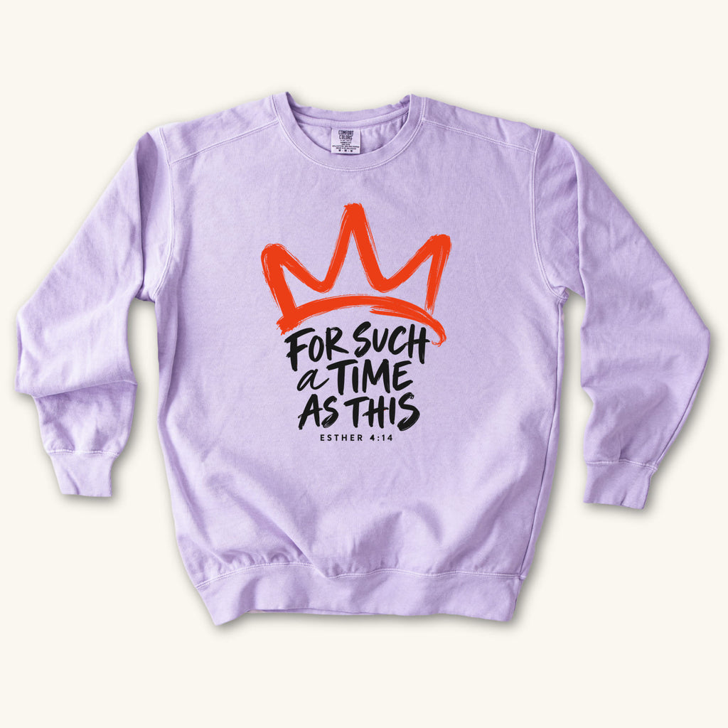 Orchid For Such a Time Crown sweatshirt flat lay mockup, Esther 4:14 Christian apparel for women