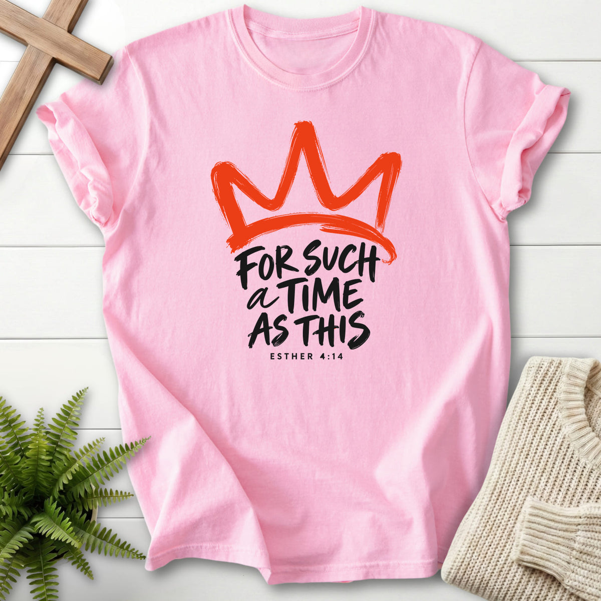 Blossom For Such a Time Crown T-shirt flat lay mockup, Esther 4:14 Christian apparel for women