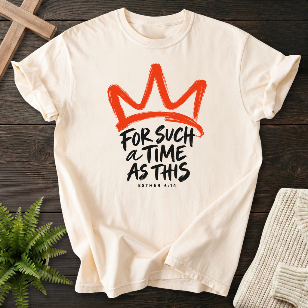 Ivory For Such a Time Crown T-shirt flat lay mockup, Esther 4:14 Christian apparel for women