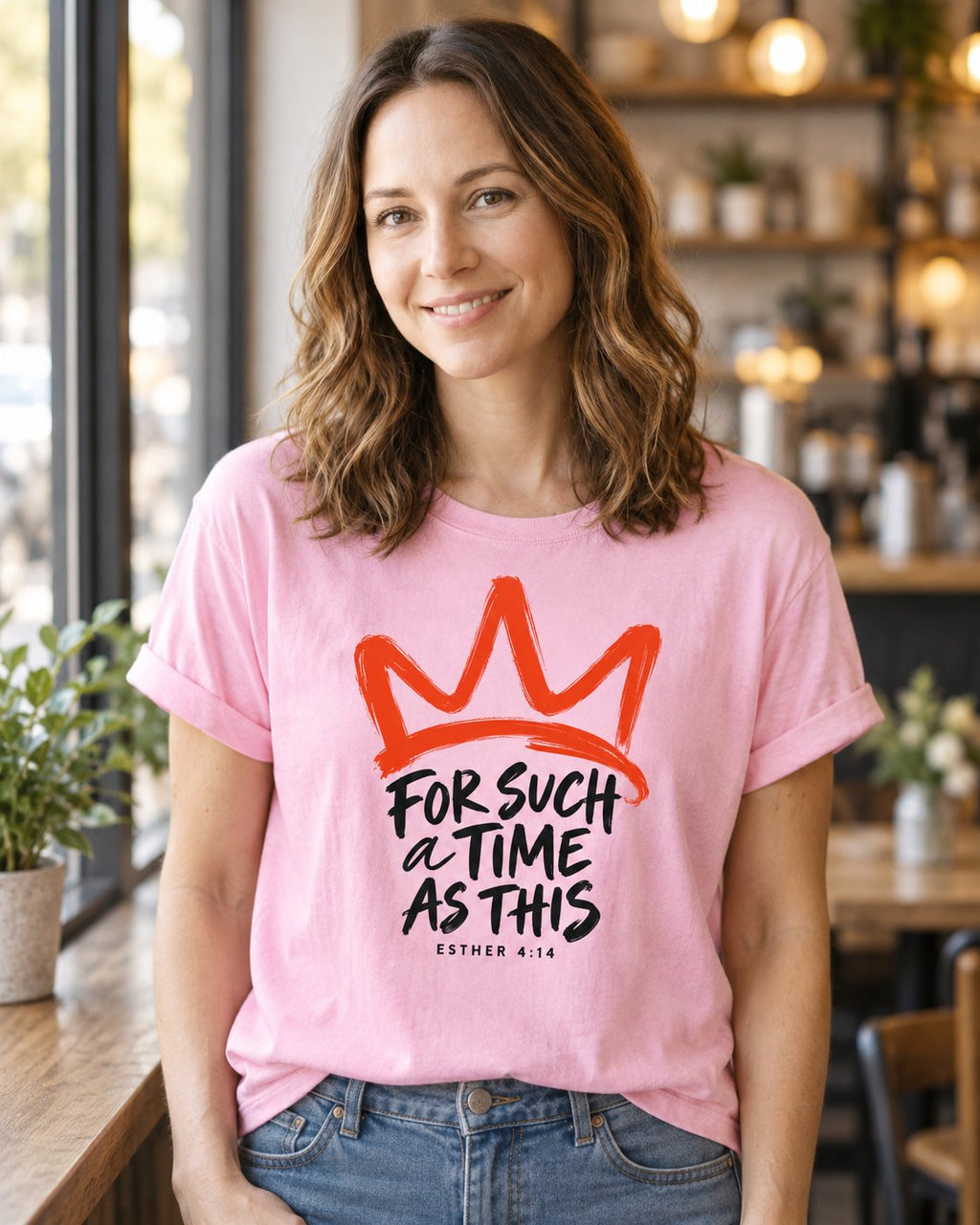 For Such a Time Crown, Blossom women's Christian tee, lifestyle photo in cozy cafe, Brush painted crown above For Such a Time As This lettering, She Wears Faith